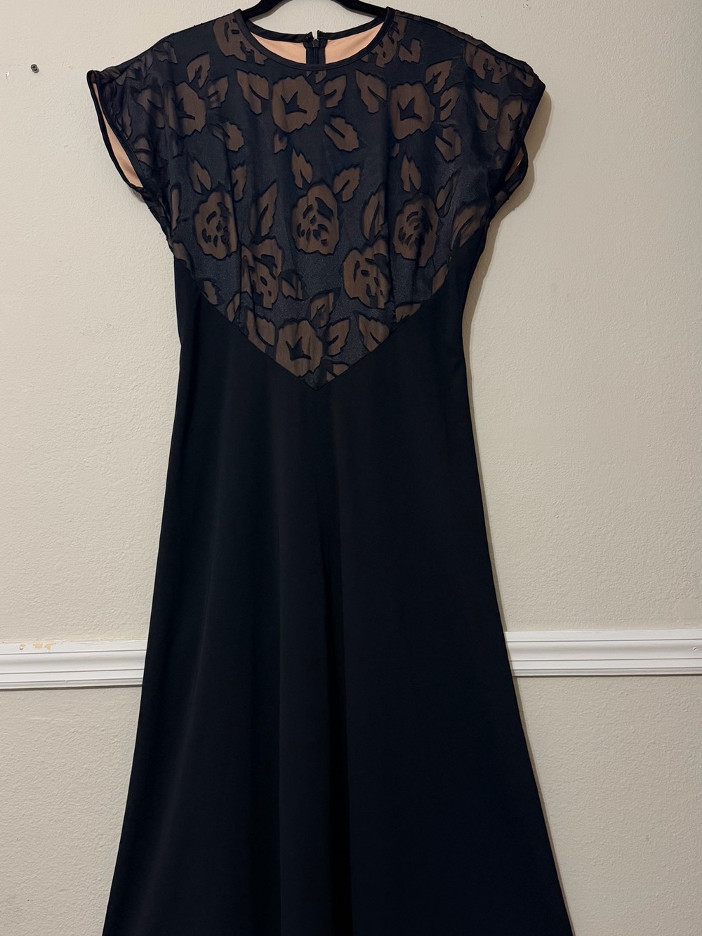 Black Maxi Dress with Sheer Floral Yoke